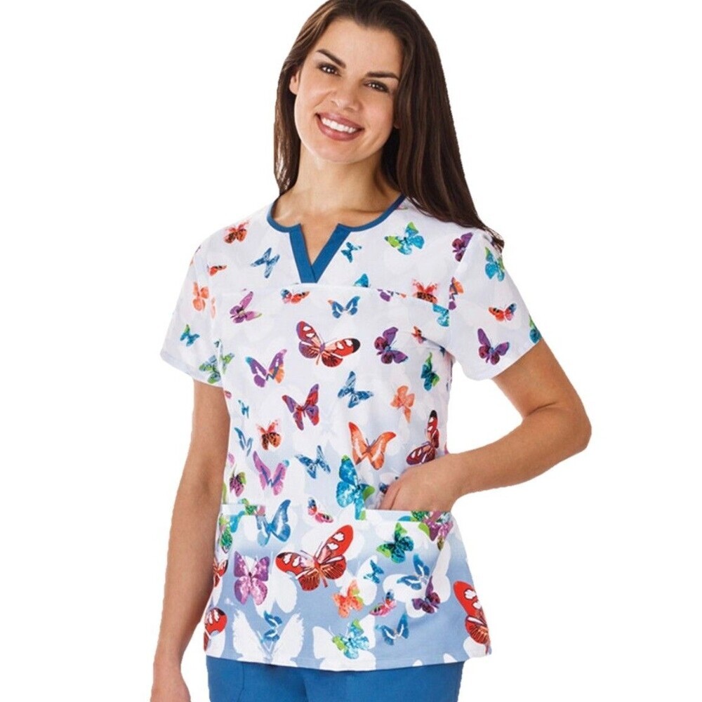 Bring It On Bio Scrub Top XS Butterfly Print Cotton Nurse Medical